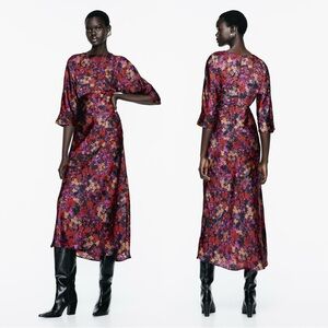 Zara Floral Midi Dress in Red and Purple